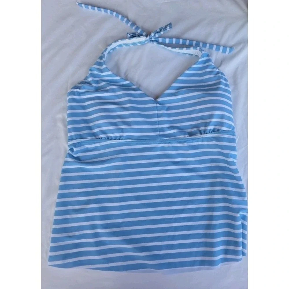 Lands' End XL Light Blue White Striped Flutter Halter Tankini Top Beach (378)
